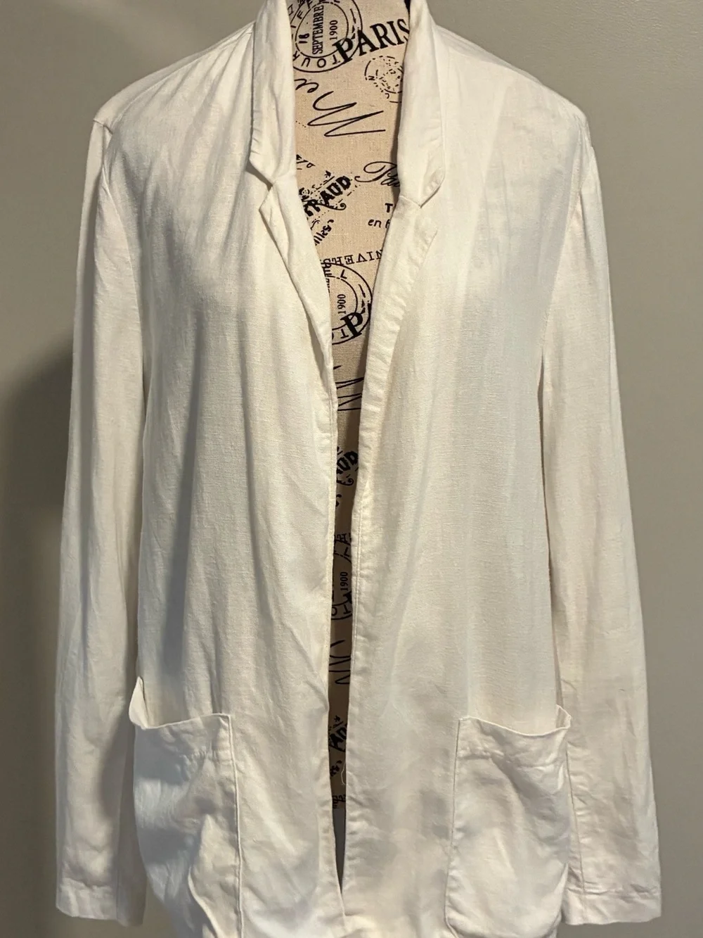 Natural linen/rayon blend open front cardigan blazer jacket neutral capsule Lg.